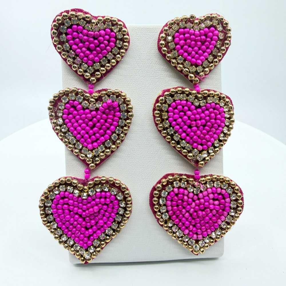 Y2K Hot Pink Beaded Heart Dangle Earrings with Gold Tone Rhinestones